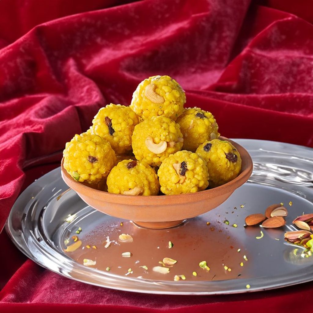 A vibrant close-up of authentic Boondi Laddu showcasing its golden texture and traditional North Indian sweet appeal.