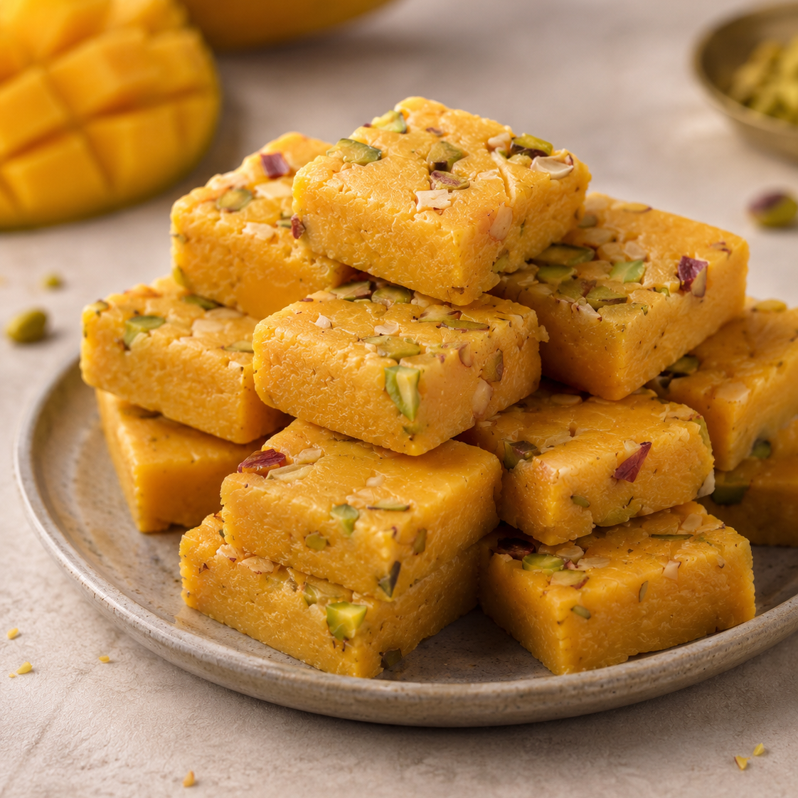 Mango pieces and a stack of yellow dessert bars with pistachios on a plate.