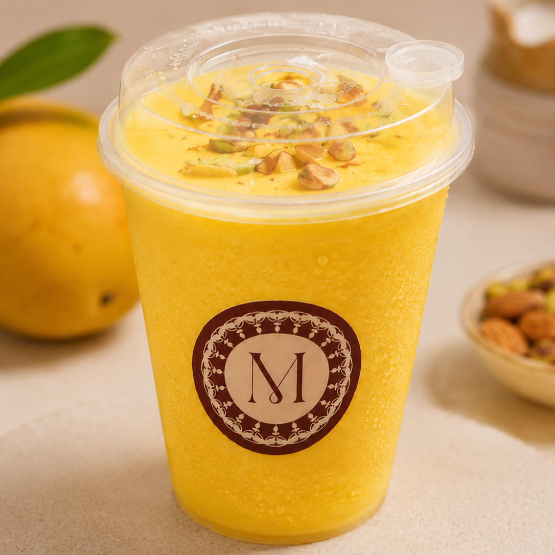 Yellow smoothie in a plastic cup with a logo on a beige background