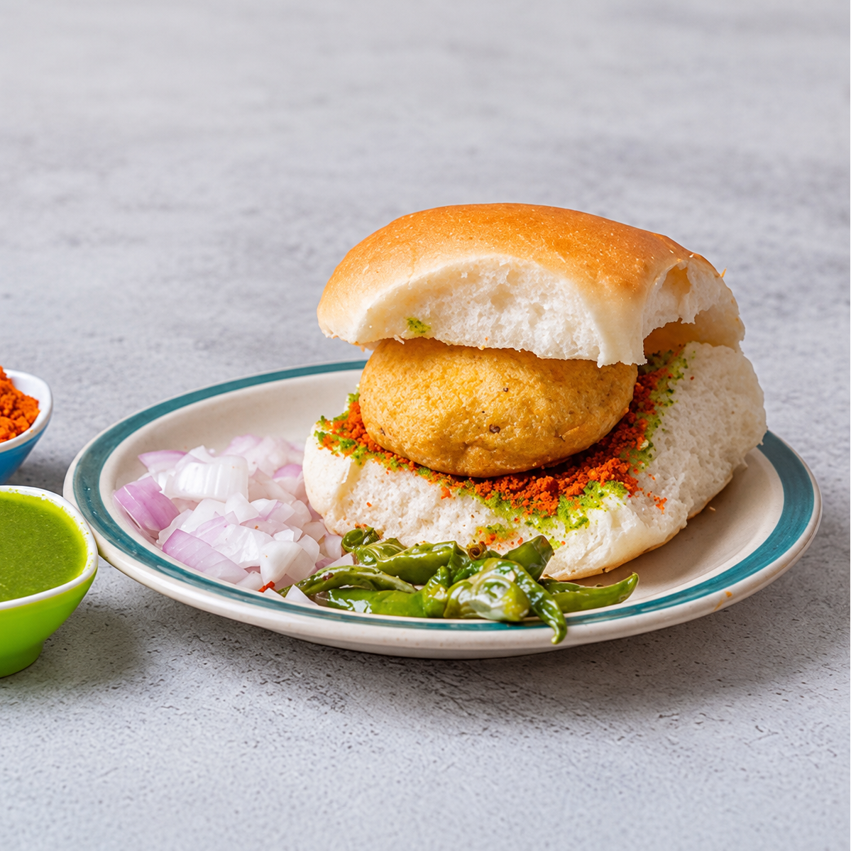 A freshly prepared Indian pav bhaji sandwich on a white plate with a teal rim, served with chopped red onion, green chilies, and a side of green chutney on a gray textured background.