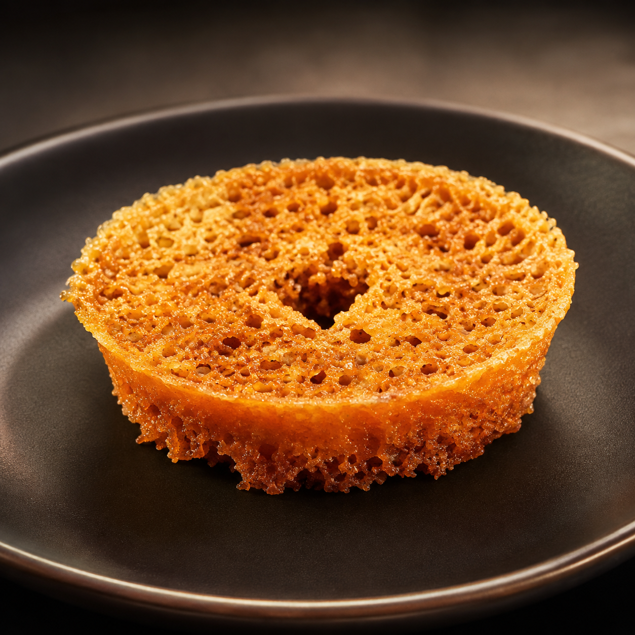 A golden-brown, porous sponge cake slice, resembling a donut, presented on a dark matte ceramic plate.