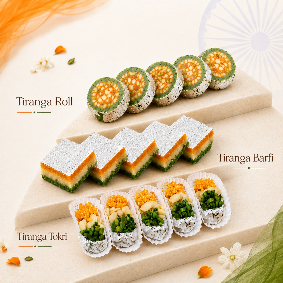 Three types of layered Samoan cake desserts labeled Tiranga Roll, Tiranga Barfi, and Tiranga Tokri, arranged on a beige tiered serving board with decorative tropical elements.