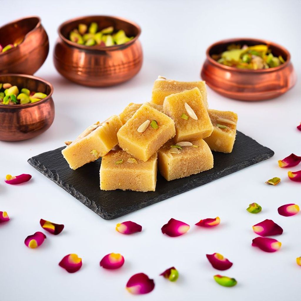 soft mysore pak arranged on a black slate platter besides rose petals and dry fruits in copper bowls 