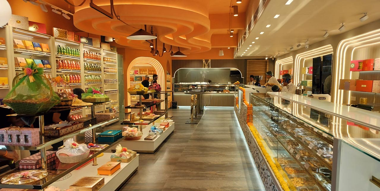 interior of mithaicana sweet shop in jayanagar, bangalore