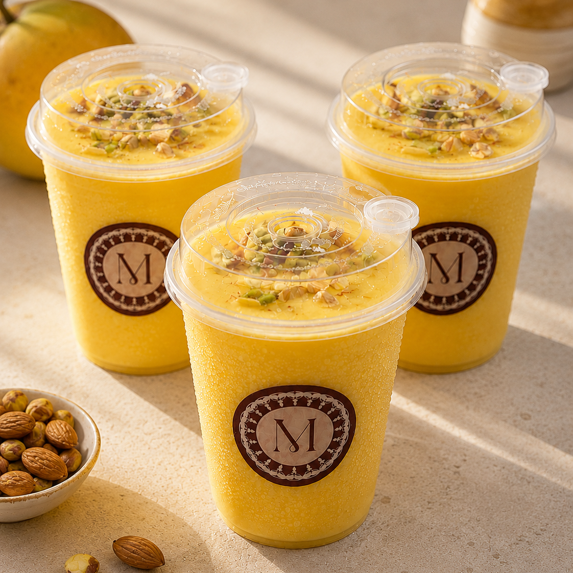 Three yellow drinks in clear plastic cups with a brand logo on a light brown surface.