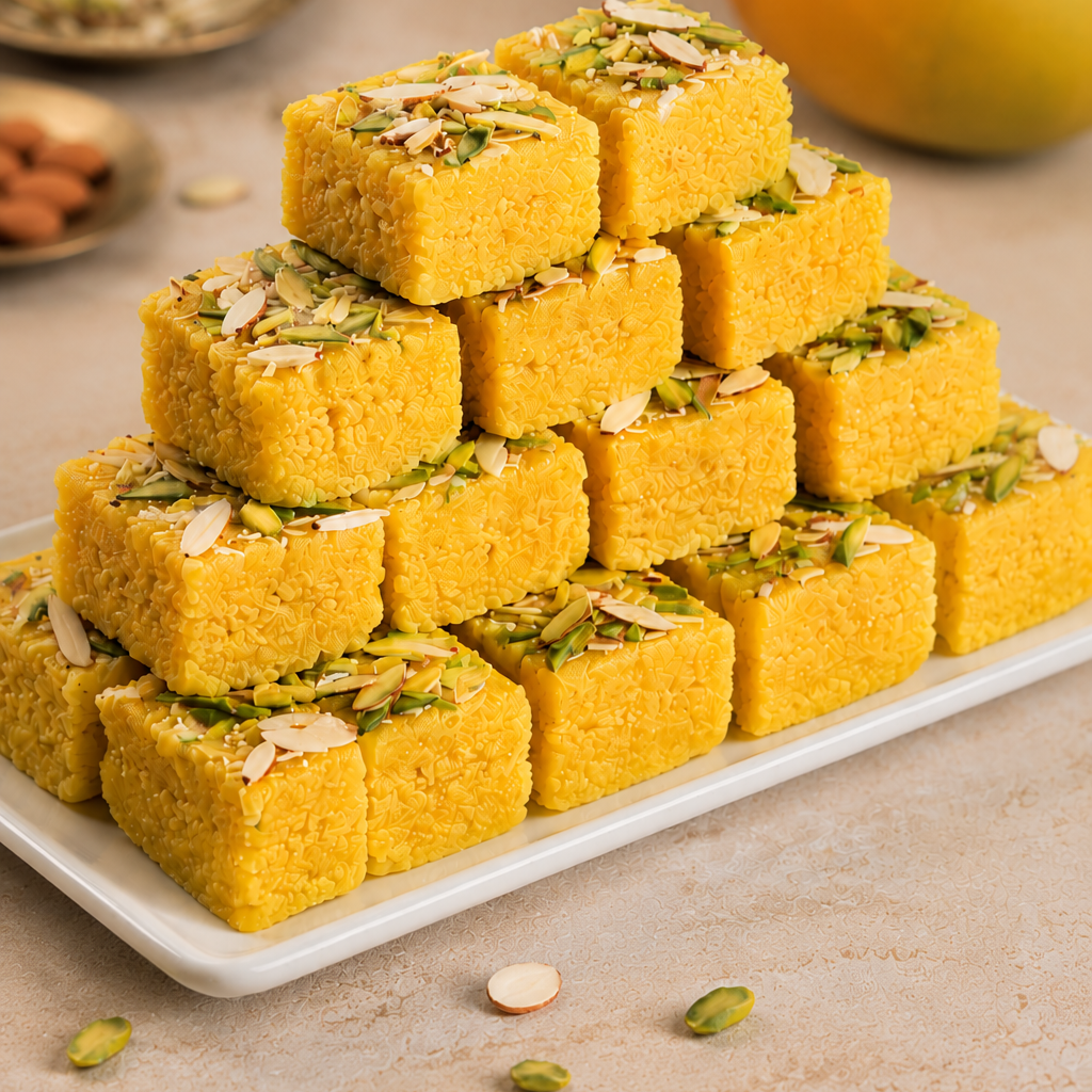  pyramid of yellow dessert squares with green pistachios on a white plate with a mango in the background