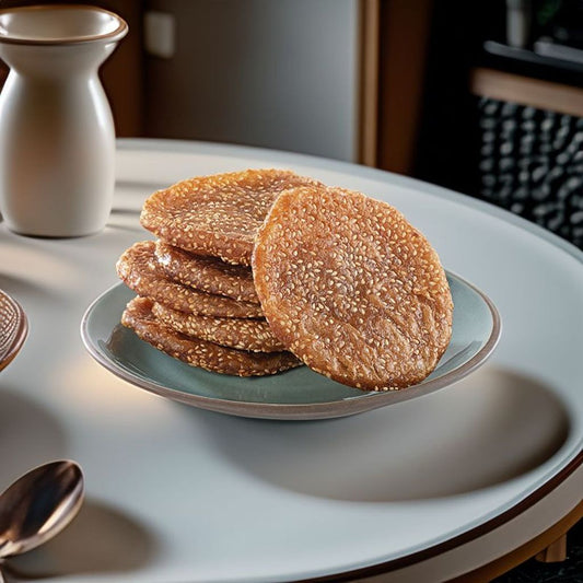 Close-up of Ariselu (Nuvvelu), a traditional Andhra sesame dessert, beautifully arranged on a ceramic plate.