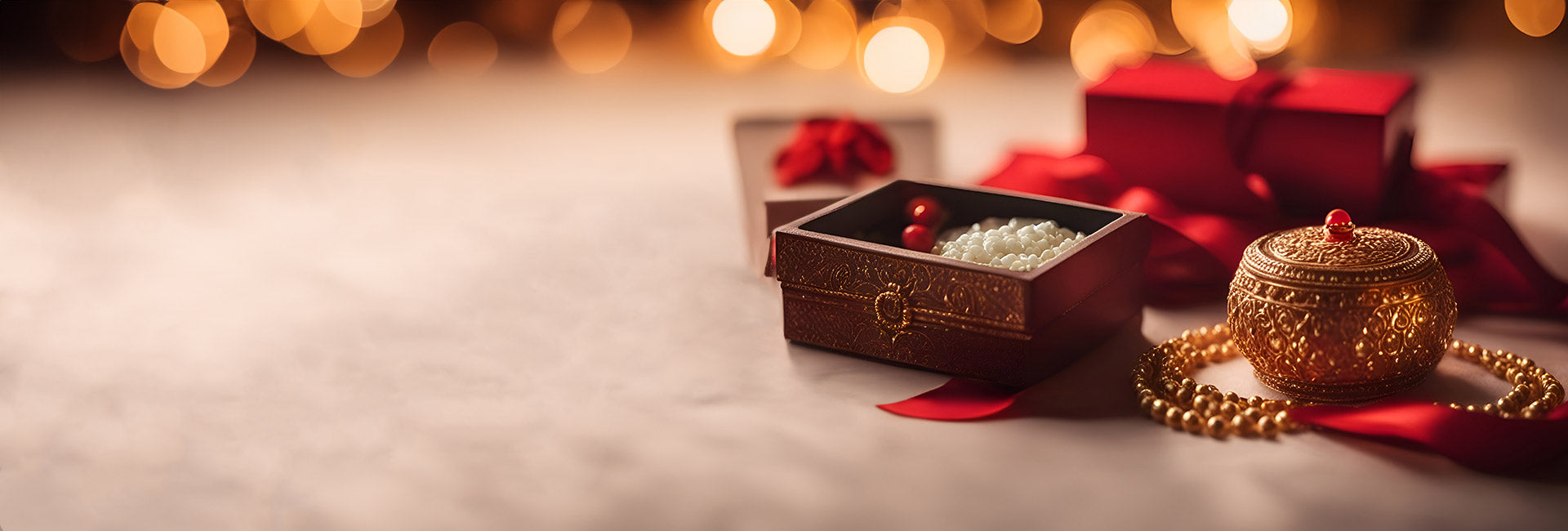 wedding sweet gifts with decorative boxes, candles, and jewelry